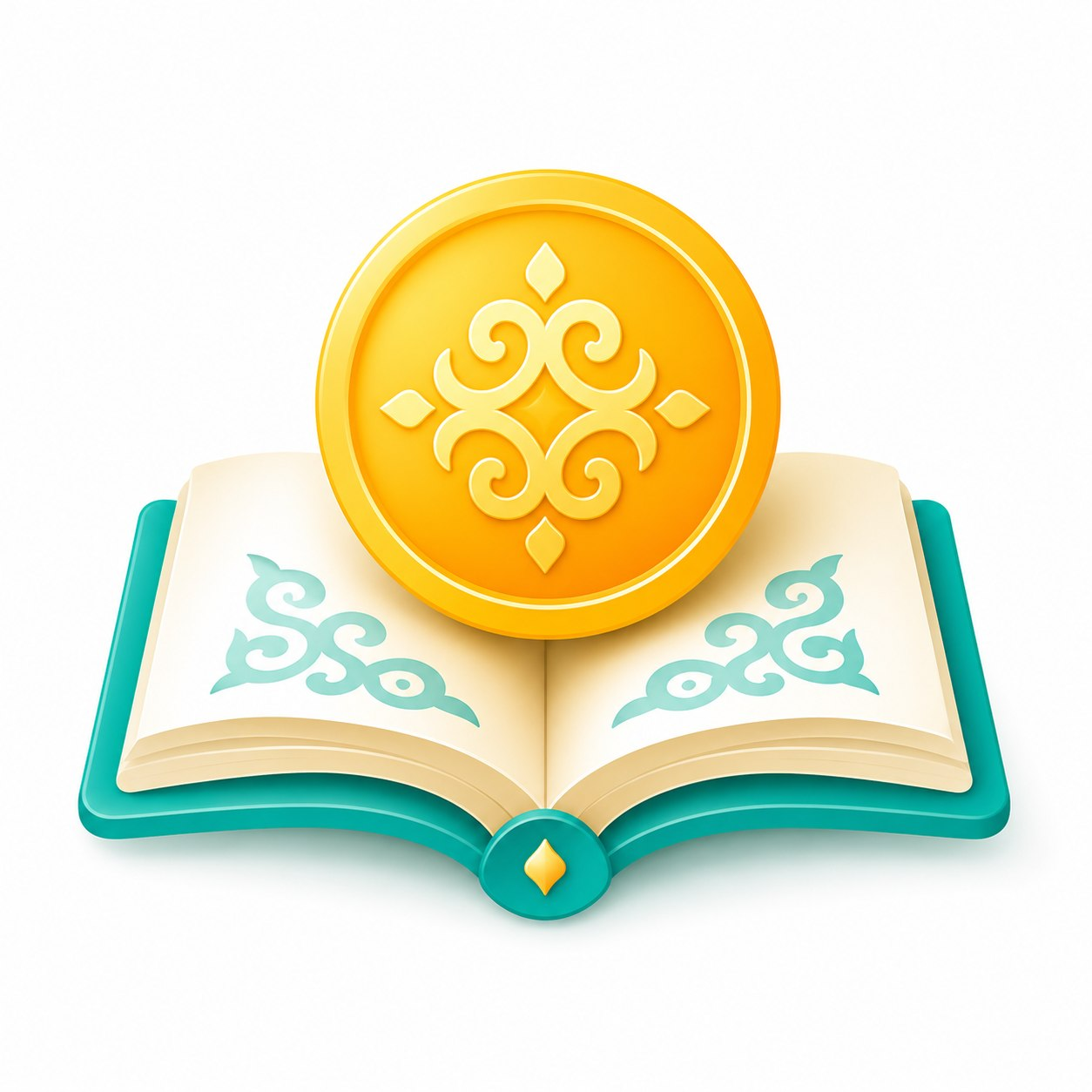 Логотип NomadLearn: открытая книга и золотая монета с казахским орнаментом